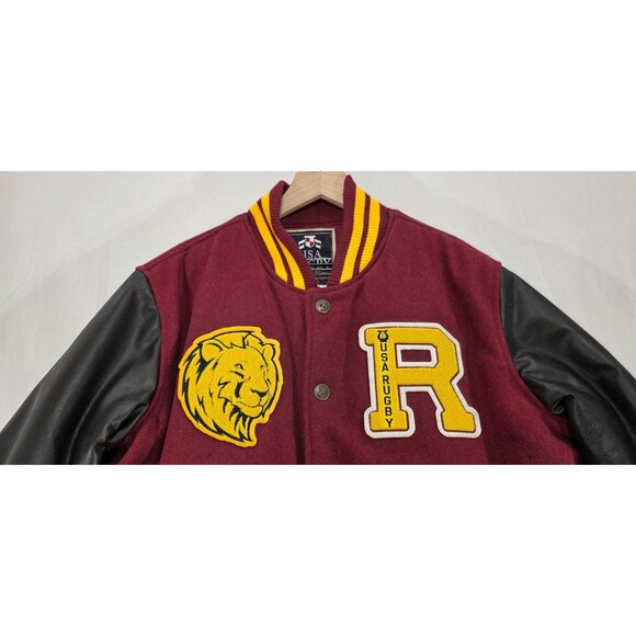 Vintage 90s USA Rugby Varsity Jacket Letterman Patches Red Black Men's M - Picture 7 of 16